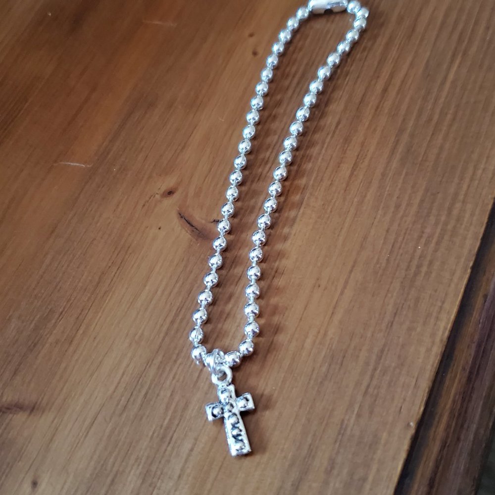9" Silver Tone Ball Bead Cross Anklet Casual Religous Fashion Design Women Style